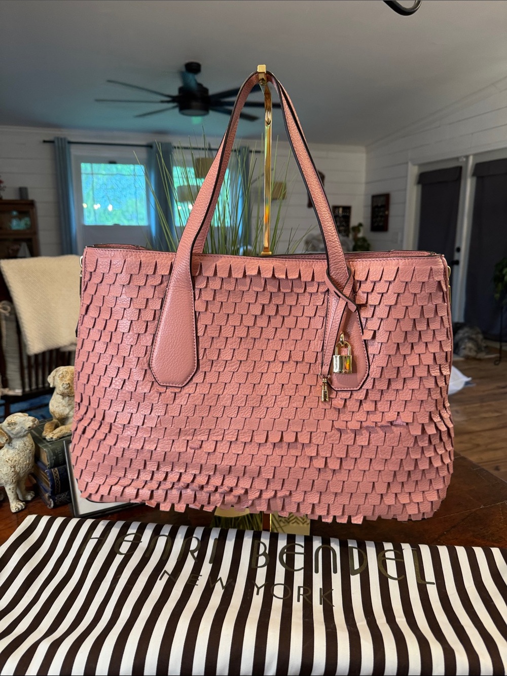 henri bendel Pink Woven Tote with Hanging Lock